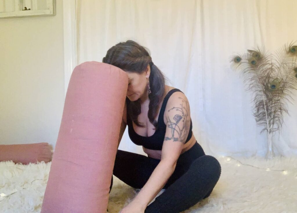 Butterfly Yoga Pose - Baddha Konasana on shaggy carpet