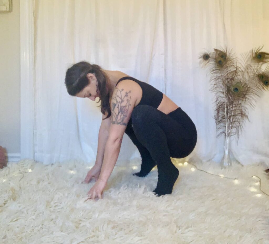 Deep Wide Knee Squat Yoga Pose - Malasana on shaggy carpet