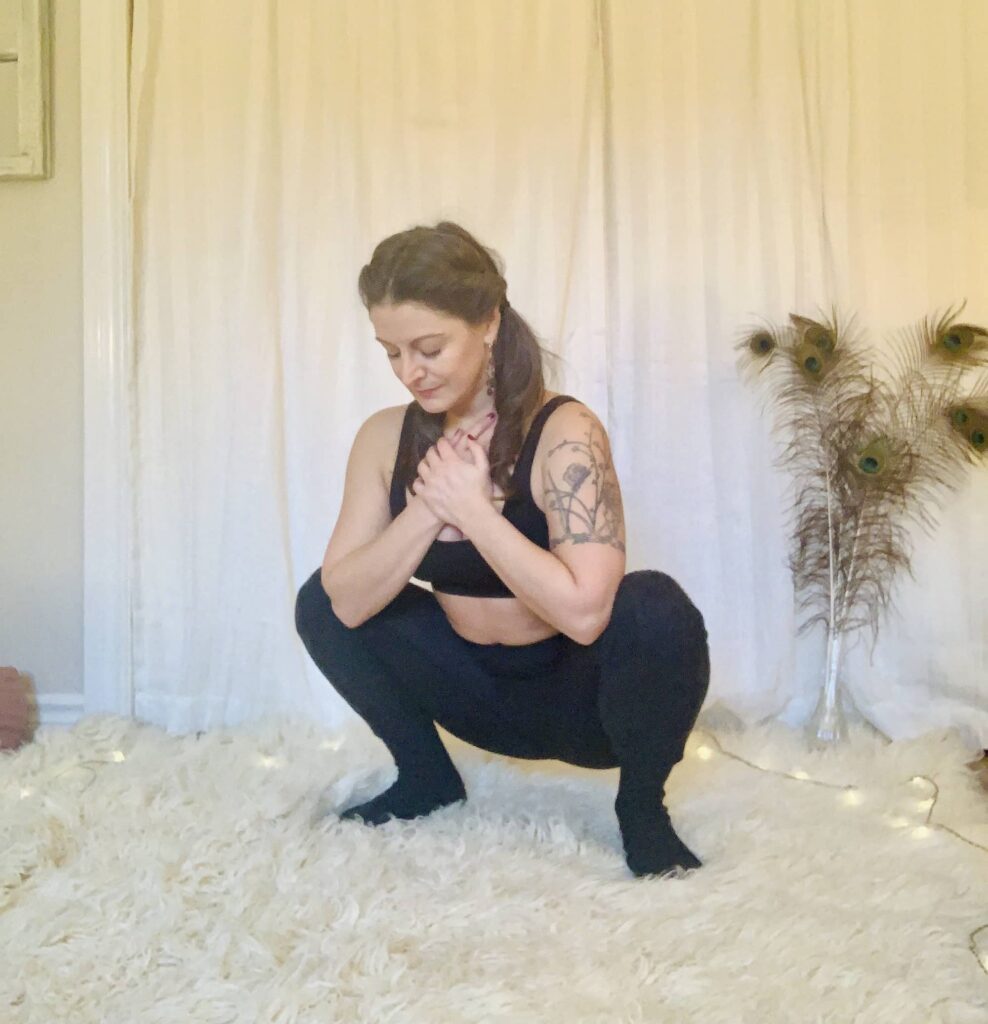 Deep Wide Knee Squat Yoga Pose - Malasana on shaggy carpet